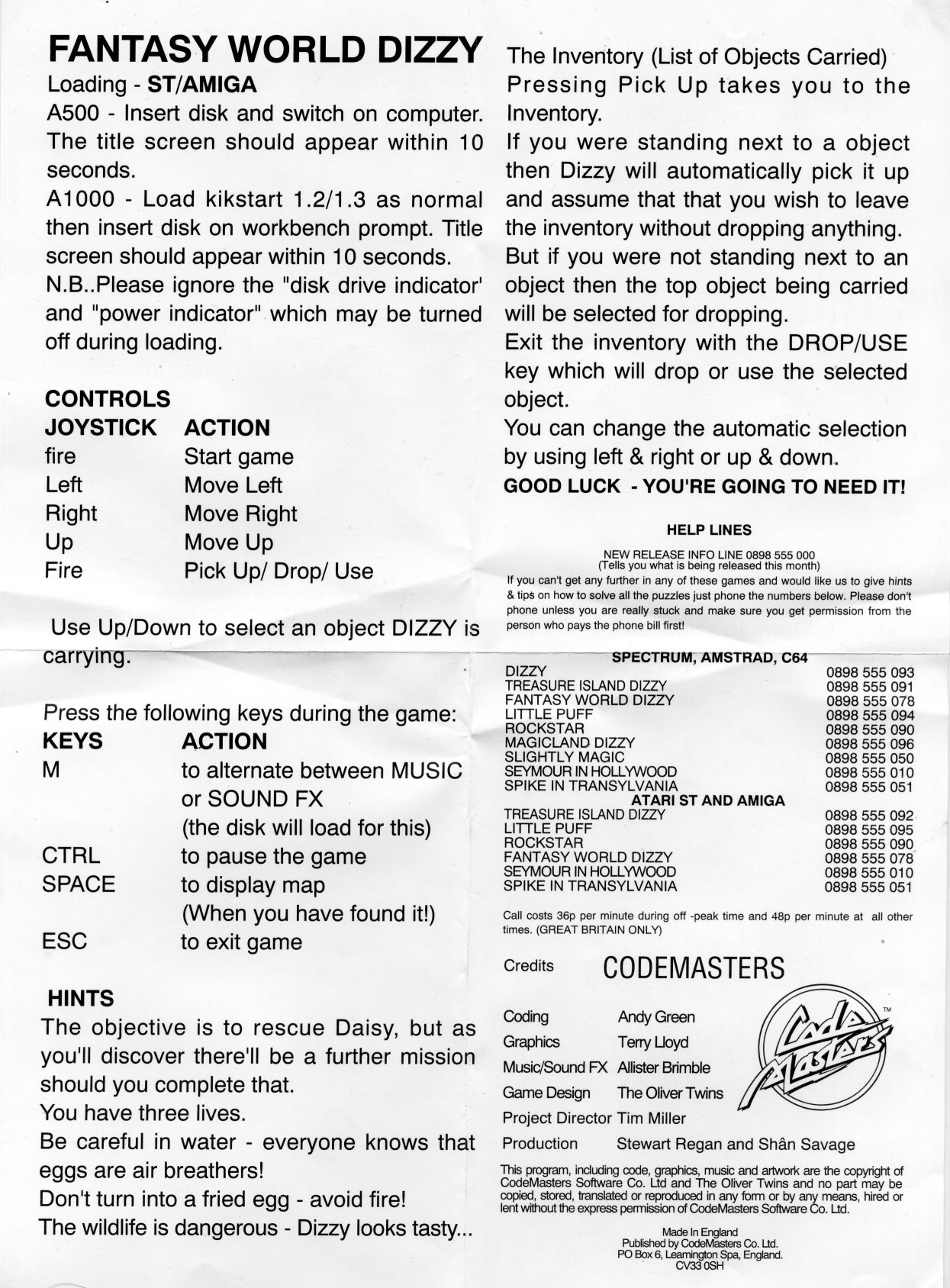 Fantasy World Dizzy - Atari ST Manual