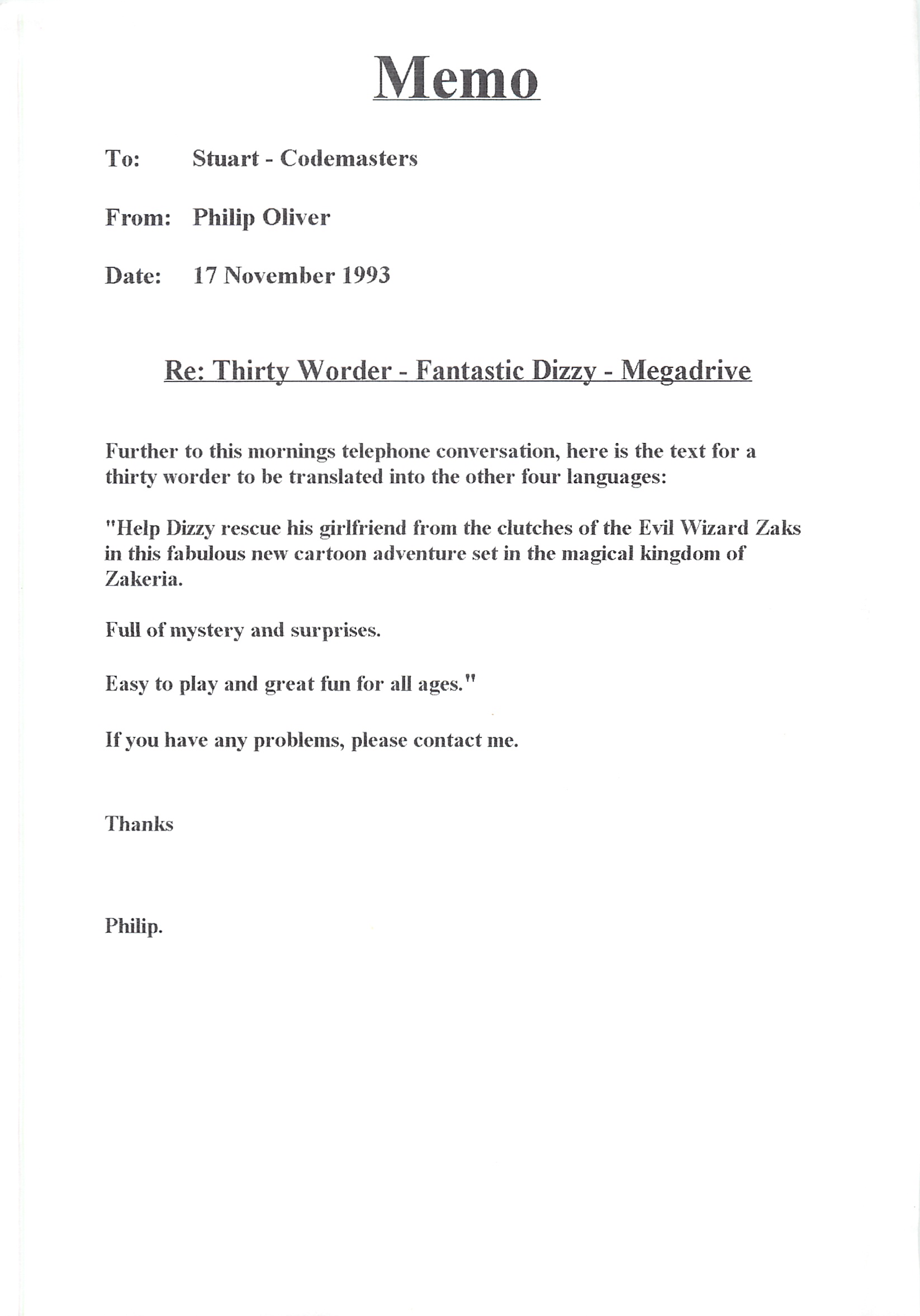 Fantastic Dizzy - Memo: Thirty Worder
