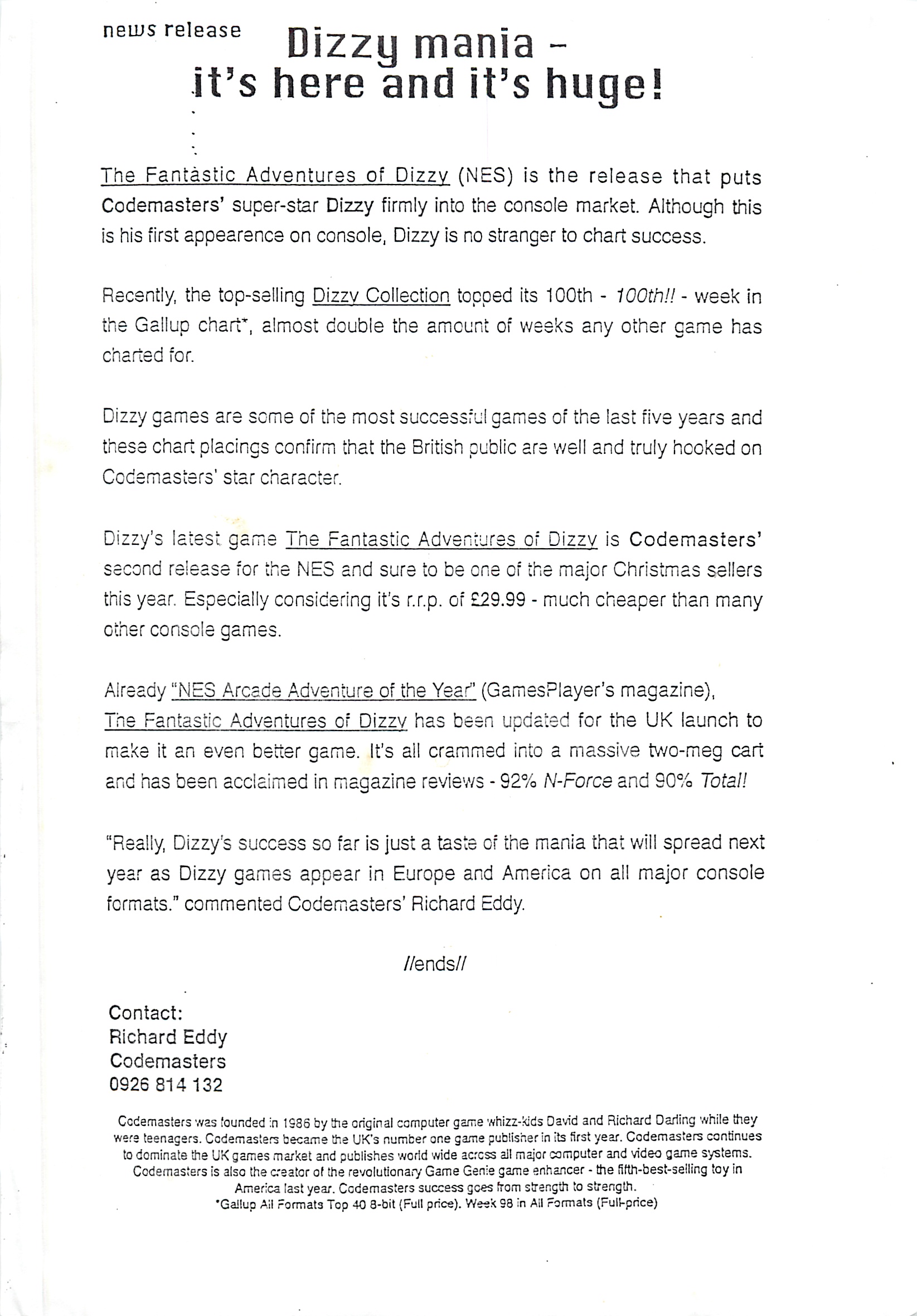 Fantastic Dizzy - Press Release: Dizzy Mania