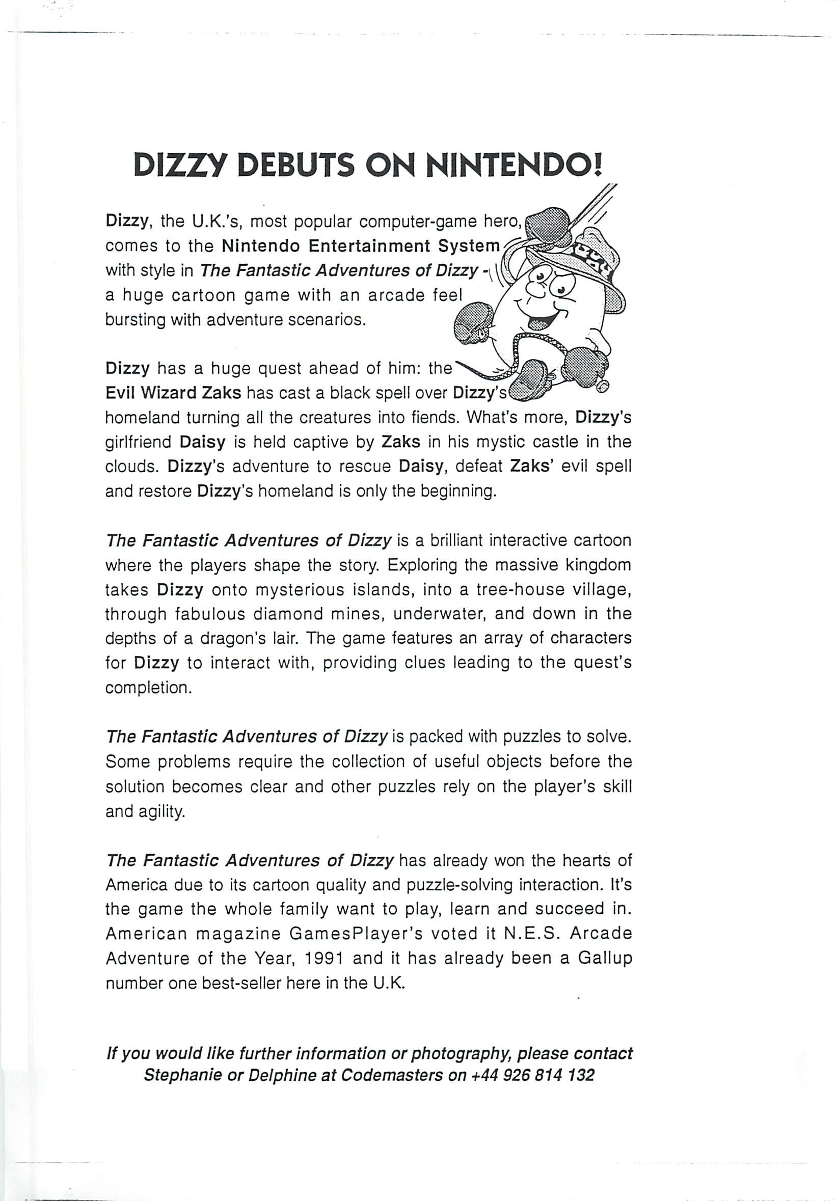 Fantastic Dizzy - Press Release: Dizzy NES Debut