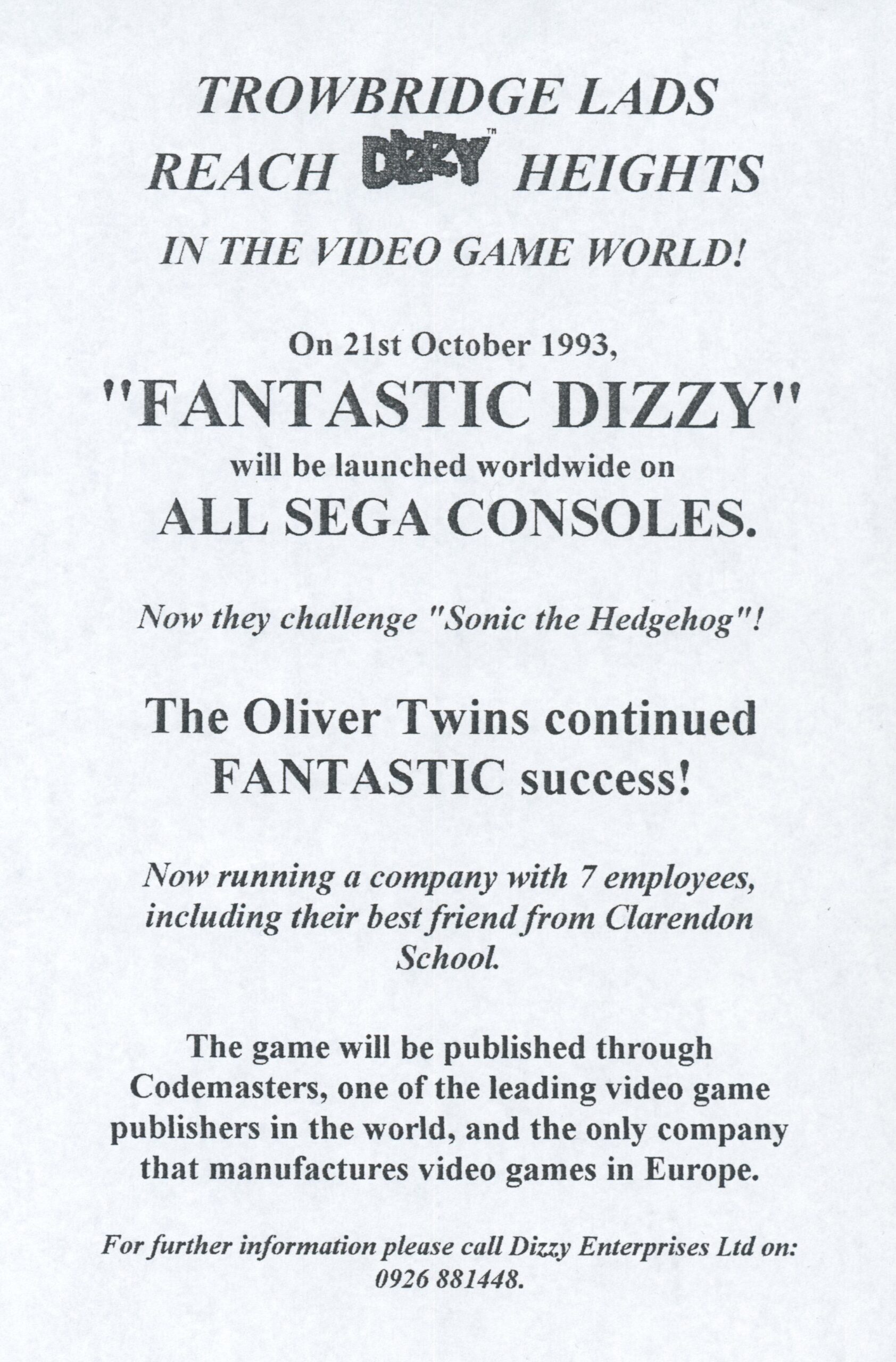 Fantastic Dizzy - Press Release: Trowbridge Lads
