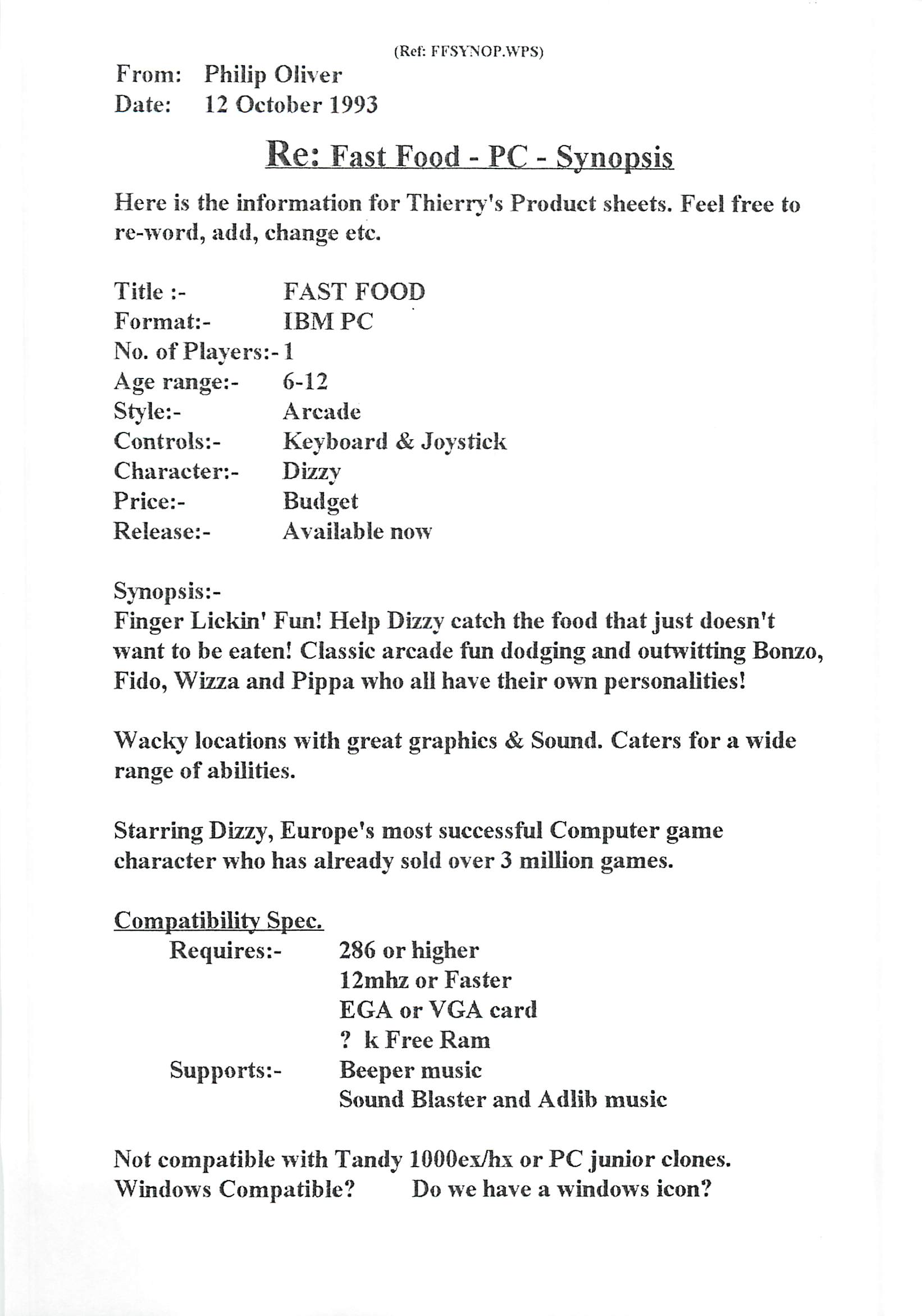 Fast Food - PC Synopsis