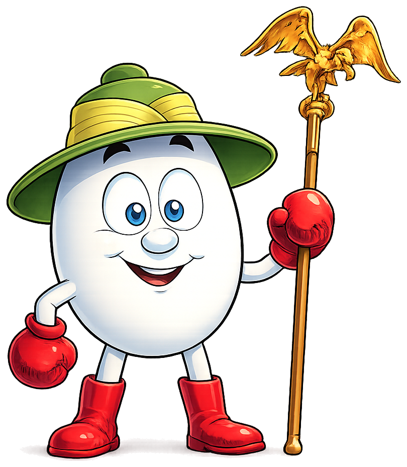 Dizzy standing beside the Yolkfolk.com logo
